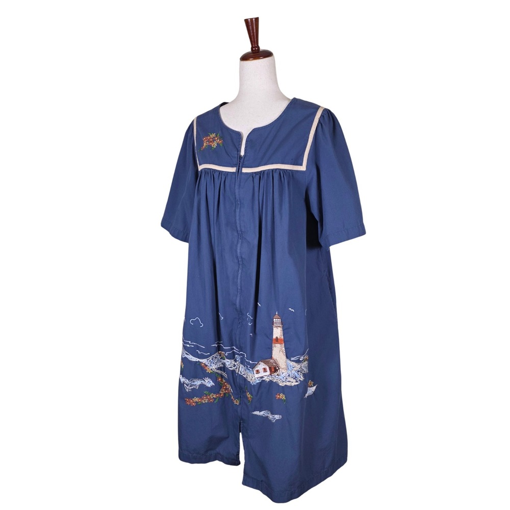 Go Softly Patio House Dress Size L Smock Nautical Coastal Lighthouse Embroidered